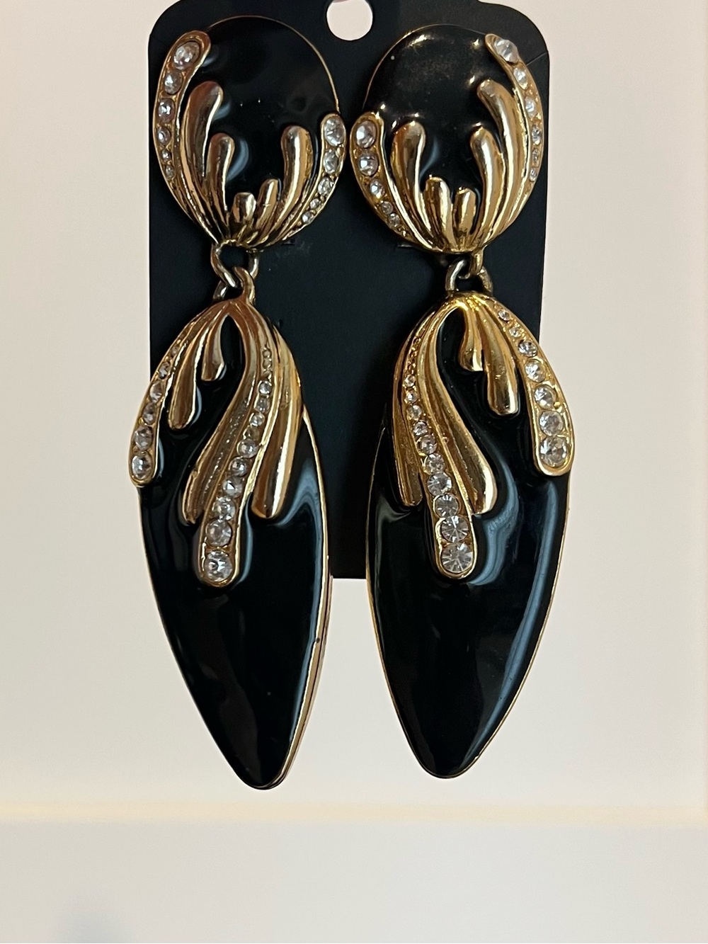 Gantos 1990s  Black and Gold Runway Clip on Earrings with Rhinestones